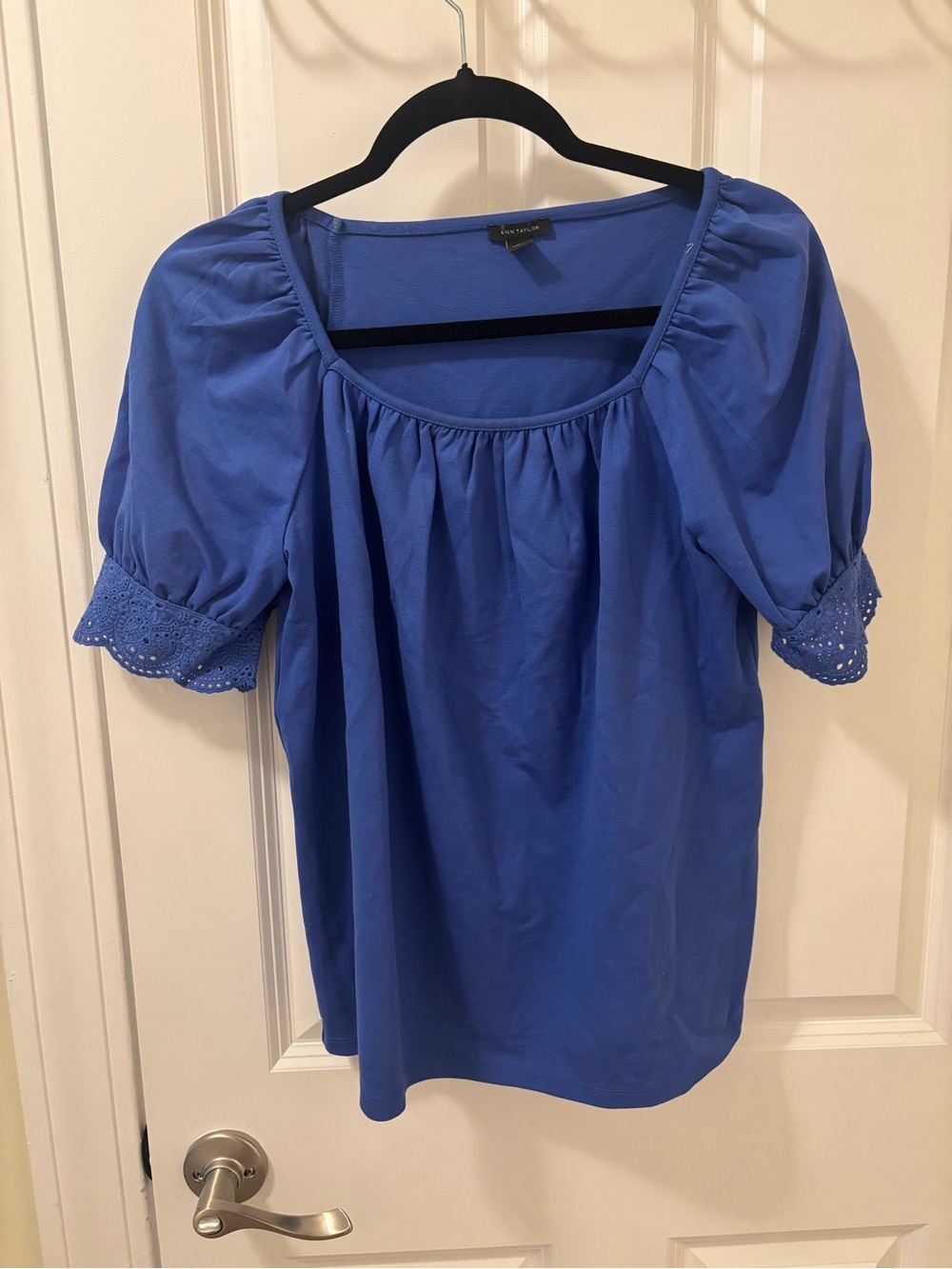 Ann Taylor Cornflower Blue Puff Sleeve Eyelet Blouse